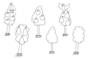 Black and white line drawing of fruit trees with apples and pears, featuring birds perched on branches, ideal for coloring fun. vector
