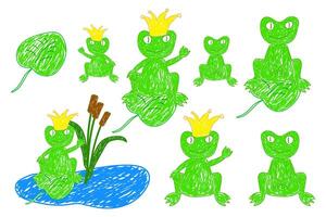 Playful doodle-style illustration of frogs, including a crowned frog prince, sitting on lily pads and pond with reed in a whimsical design. vector