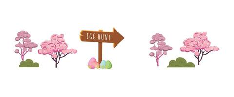 Easter hunt banner with a wooden shield pointing and colorful eggs below with pink trees vector