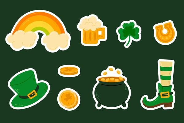 A colorful set of St. Patricks Day stickers, including rainbows, shamrocks, gold coins, leprechaun hats, and beer mugs. Perfect for festive designs and digital art.