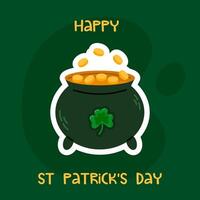 St. Patricks Day card with a pot of gold and shamrocks on a dark green background, spreading festive joy and luck. Ideal for holiday wishes and party invites. vector