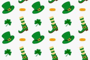 Pattern of leprechaun boots, hats, shamrocks, and gold coins on a white background. Perfect for festive digital projects, fabrics, and holiday-themed crafts. vector