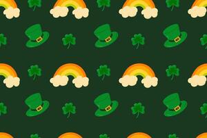 A festive pattern featuring leprechaun hats, rainbows, and shamrocks on a dark green background. Perfect for St. Patricks Day decor, wallpapers, and digital projects. vector