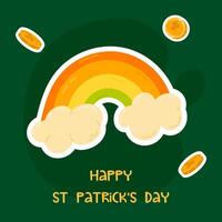 Colorful St. Patrick's Day card with a vibrant rainbow, golden coins, and shamrocks on a dark green background. Perfect for sending festive joy and good luck wishes. vector