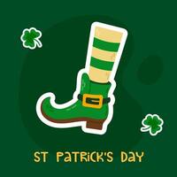 A festive St. Patricks Day card featuring a green leprechaun boot with golden buckles and shamrocks on a dark green background. Perfect for holiday greetings and festive decor. vector