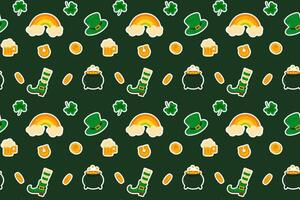 Festive seamless pattern with leprechaun boots, rainbows, shamrocks, and golden coins on a dark green background. Perfect for wrapping paper and holiday decor vector