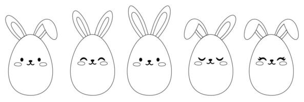 Collection of black and white line illustrations of Easter eggs with bunny ears and cute faces vector
