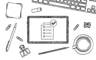A tablet, keyboard, pen and other items are shown vector
