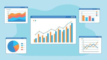 A group of graphs and charts on a blue background vector