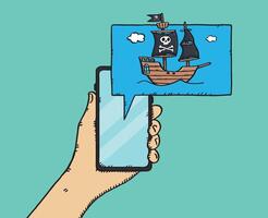 A hand holding a smartphone with a picture of a pirate ship on it vector