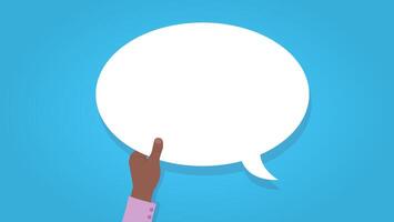 Hand pointing to speech bubble on blue background vector