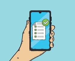 Hand holding smartphone with checklist icon vector