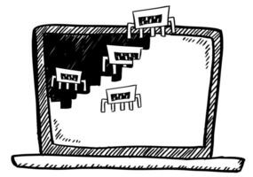 A black and white drawing of a laptop with a sign on it vector