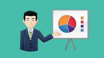 A cartoon man in a suit is standing next to a board with a pie chart vector