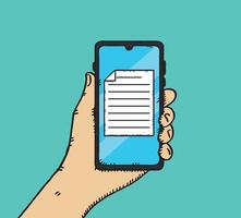 Hand holding smartphone with paper document on screen vector