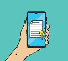 Hand holding smartphone with paper document and light bulb vector