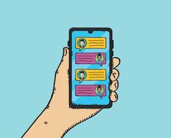 Hand holding smartphone with chat bubbles on screen vector