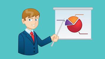 A cartoon man in a suit and tie is pointing to a board with a pie chart on it vector