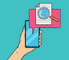 Hand holding smartphone with magnifying glass and paper document illustration vector