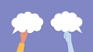 Two hands holding speech bubbles with different shapes vector