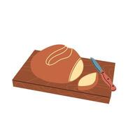 The bread and knife are on the cutting board vector