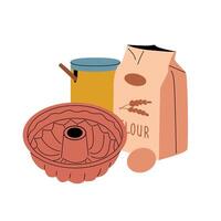 The concept of baking flour, eggs and a baking dish. vector