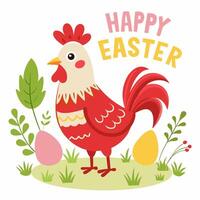 cartoon Easter chicken on a background of grass and Easter eggs. Greeting card Happy Easter for decorative,banner, poster,card. illustration on white background vector