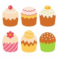Set of traditional Easter cakes with icing and sprinkles. Easter celebration design for greeting card, poster, invitation. illustration on white background vector
