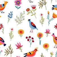Seamless pattern with abstract colorful flowers and birds, leaves and twigs on a light background. Flat illustration vector