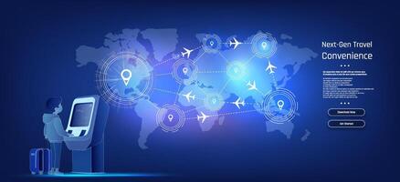 Next generation travel convenience with interactive kiosk and global connectivity map. vector