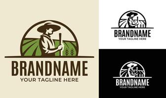 A logo for a farm, with a man in a hat and a hat vector