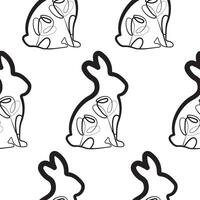 seamless pattern with an Easter bunny sitting on its hind legs and turned to the right on its paws and rose buds in line art style, for logos and various designs vector