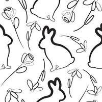 seamless pattern with easter bunny sitting on hind legs and different flowers in line art style arranged randomly, for logos and various designs vector