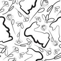 seamless pattern with easter bunny standing on hind legs and different flowers in line art style arranged chaotically, for logos and various designs vector