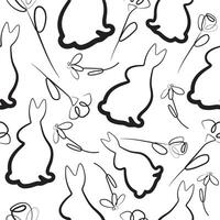 seamless pattern with Easter bunny sitting on hind legs and turned to the right side and different flowers in line art style arranged randomly, for logos and various designs vector