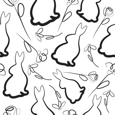 seamless pattern with Easter bunny sitting on hind legs and turned to the right side and different flowers in line art style arranged randomly, for logos and various designs