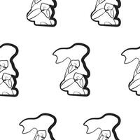 seamless pattern with an Easter bunny standing on its hind legs and turned to the right on its paws and calla lily buds in line art style, for logos and various designs vector