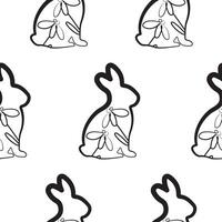 seamless pattern with an Easter bunny sitting on its hind legs and turned to the right on its paws and daisy buds in line art style, for logos and various designs vector