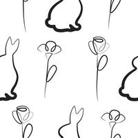 seamless pattern with Easter bunny sitting on its hind legs and turned to the right on its paws and various flowers in line art style, for logos and various designs vector