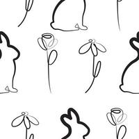 seamless pattern with easter bunny sitting on hind legs and various flowers in line art style, for logos and various designs vector