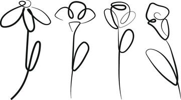 set of various flowers drawn in the style of line art drawn with different contours, for logos and various designs vector