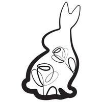 simple icon of an Easter bunny sitting on its hind legs and turned to the right side with rosebuds in line art style drawn with an original outline, for logos and various designs vector