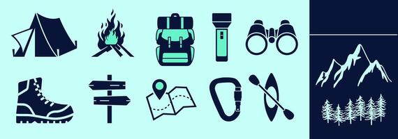 Outdoors icon set with tent, fire, backpack, flashlight, binoculars, boot, direction, map, canoe, mountains. vector