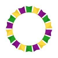 Mardi Gras circle garland frame. Purple, green and yellow flags in a round with empty space on white vector
