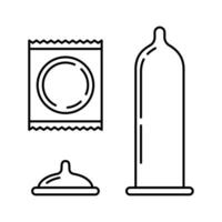 Linear condom icons. Isolated outline packaging and opened contraception on white backdrop vector