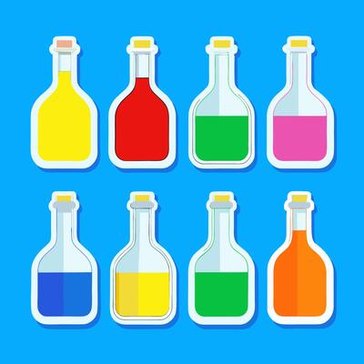 Colorful liquid-filled bottles, cartoon style, arranged on blue background, sticker effect