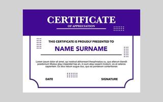 certificate template design with purple and white color for awards and appreciation. vector