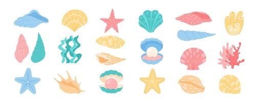 Illustration set of colorful shells and coral. Cartoon seashells with marine life forms and underwater designs. Varied ocean elements, including vibrant aquatic icons. vector