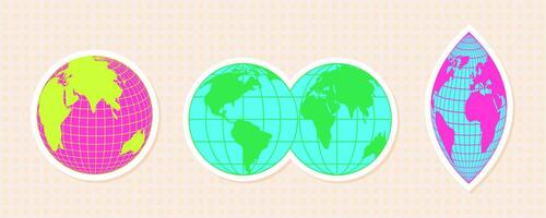 Abstract 3D sticker design featuring spherical grid shapes. Iconic mesh and wireframe globes with a Y2K retro style, neon colors and unique world shapes in vivid green and pink. vector