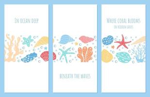 Explore ocean depths with blooming coral reefs flyer set. Featuring aquatic creatures and marine flora, the design showcases underwater sea life in a colorful, vibrant setting. vector